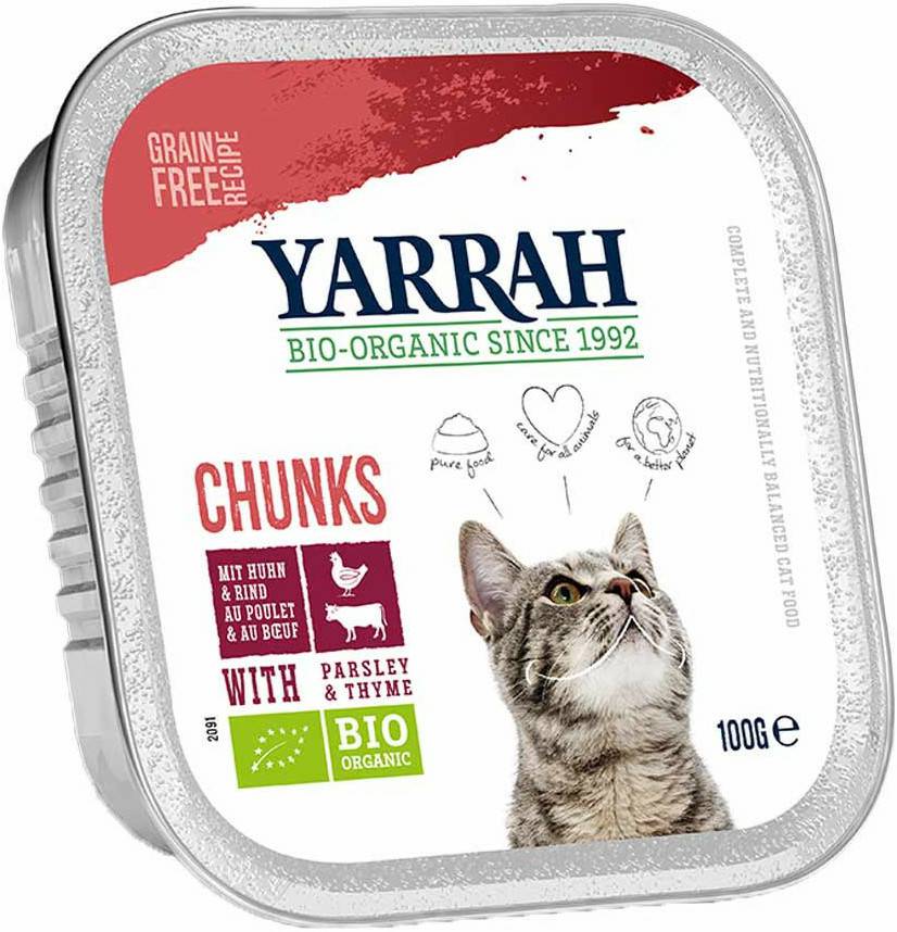 Yarrah Bio Bröckchen mit Huhn & Rind 100g Katzenfutter